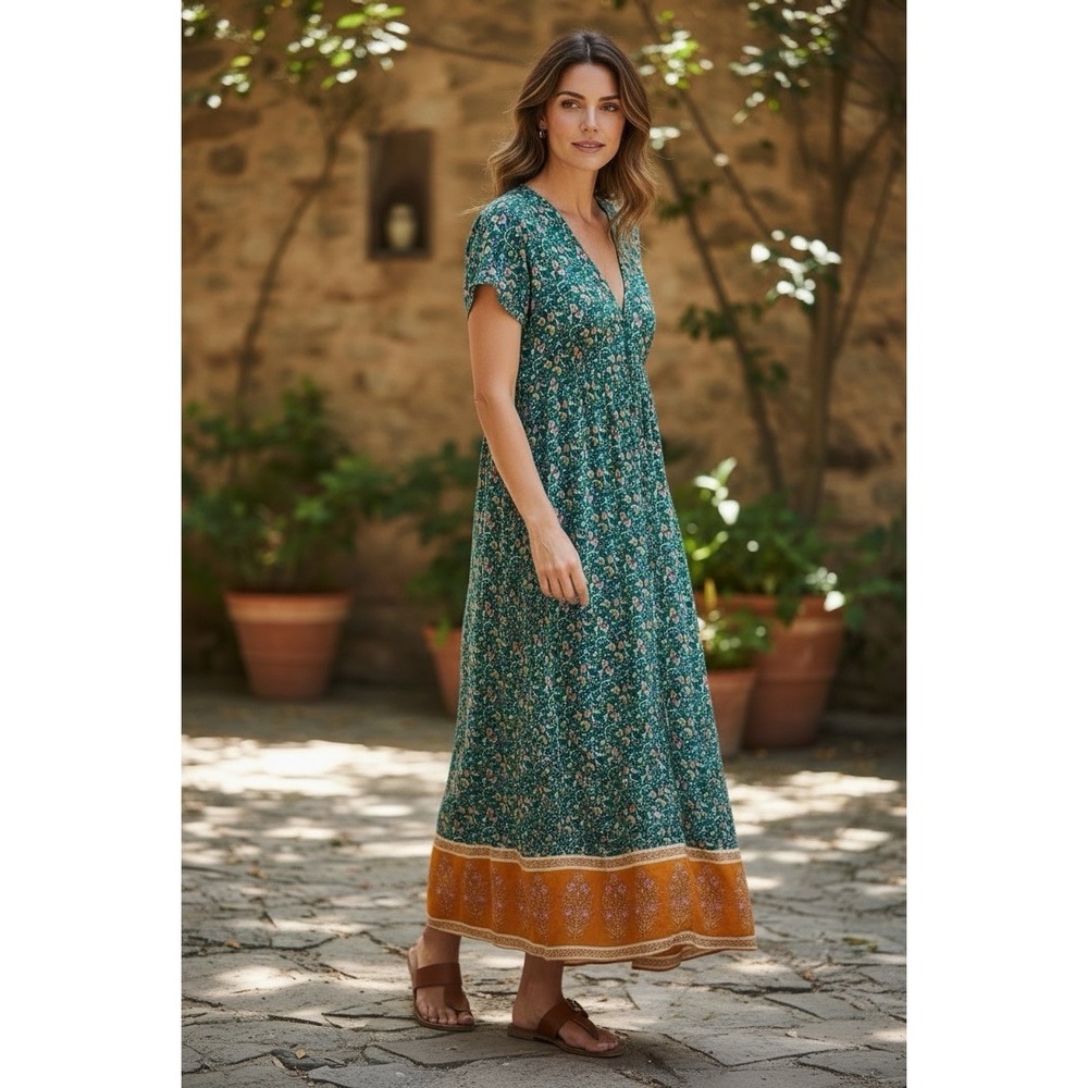 Natural Life Avery Floral Midi  Dress Womens XS/S  Turquoise/Orange Boho Peasant